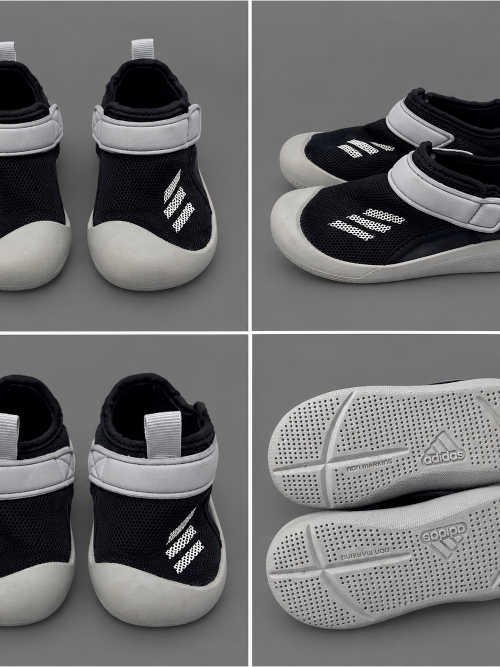 adidas Kids Black and White Water Shoes - Slip-On Hook & Loop